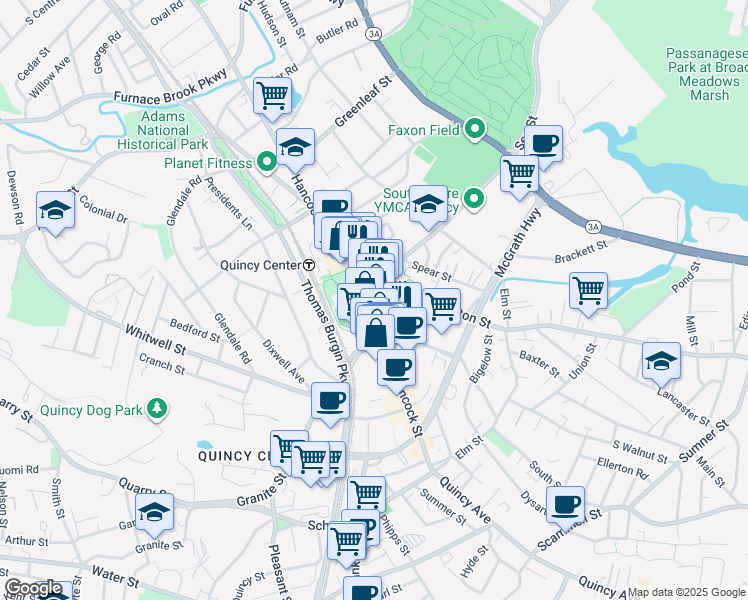 map of restaurants, bars, coffee shops, grocery stores, and more near 1358 Hancock Street in Quincy