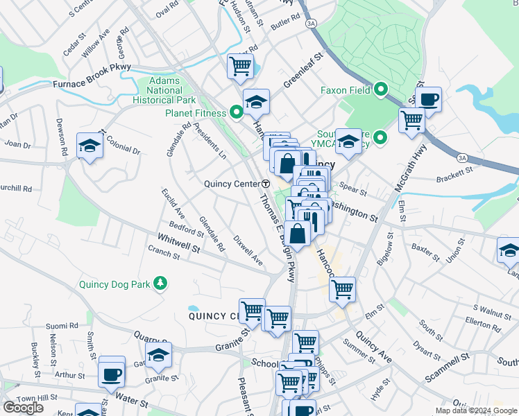 map of restaurants, bars, coffee shops, grocery stores, and more near 159 Thomas Burgin Parkway in Quincy