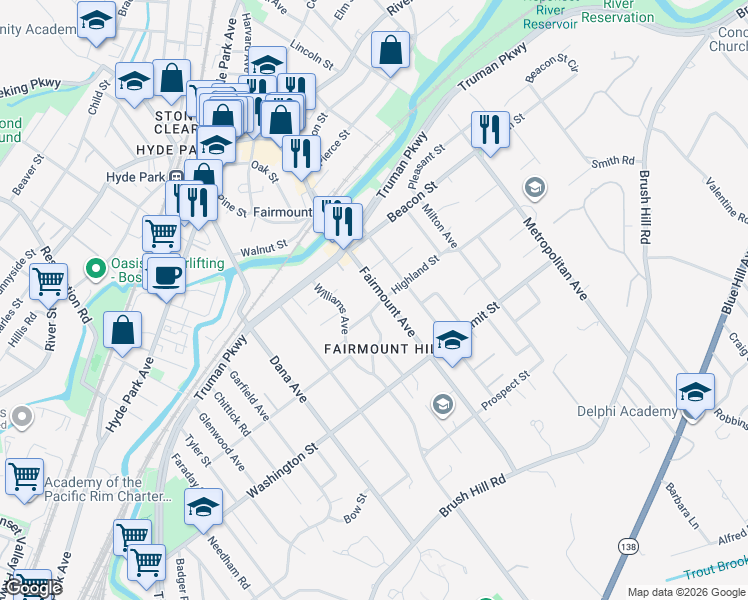 map of restaurants, bars, coffee shops, grocery stores, and more near 213 Fairmount Avenue in Boston