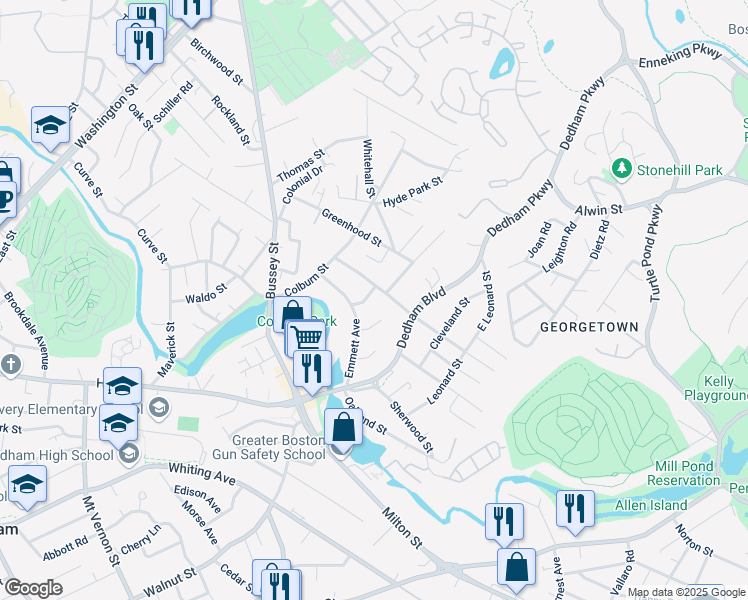 map of restaurants, bars, coffee shops, grocery stores, and more near 17 Odyssey Lane in Dedham