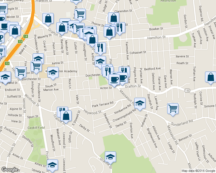 map of restaurants, bars, coffee shops, grocery stores, and more near 2 Gambier Avenue in Worcester
