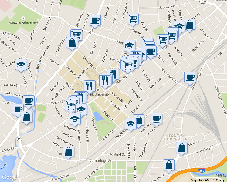 map of restaurants, bars, coffee shops, grocery stores, and more near 4 Wyman Street in Worcester