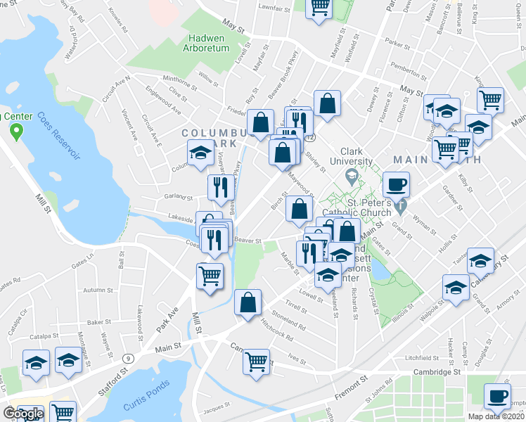 map of restaurants, bars, coffee shops, grocery stores, and more near 75 Birch Street in Worcester