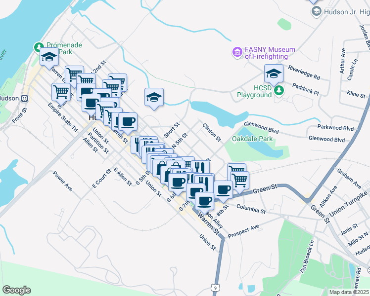 map of restaurants, bars, coffee shops, grocery stores, and more near 64 Dodge Street in Hudson