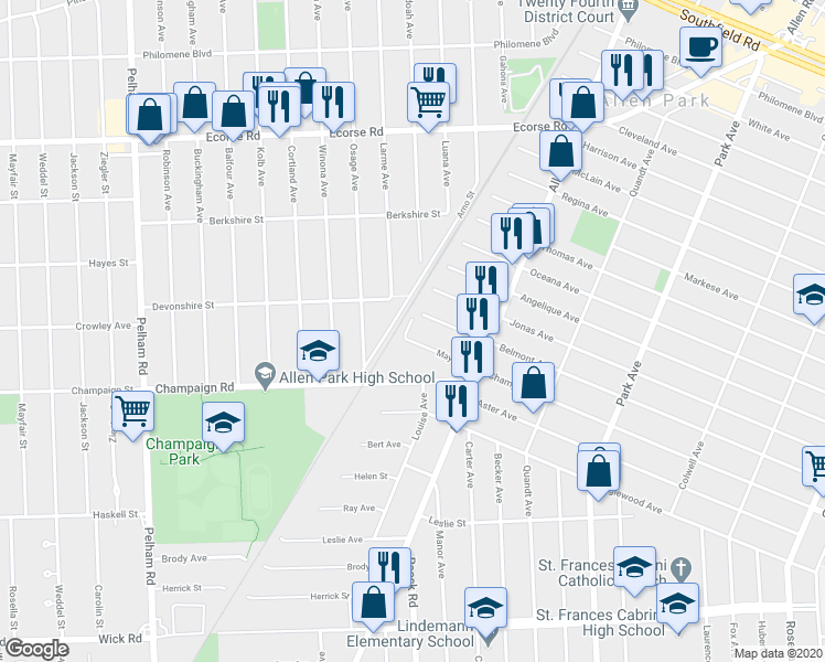 map of restaurants, bars, coffee shops, grocery stores, and more near 16212 Arno Street in Allen Park