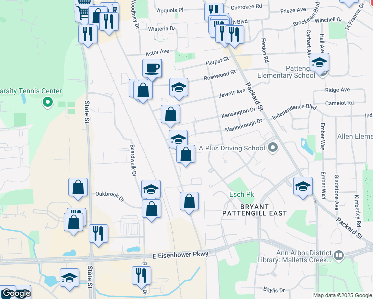 map of restaurants, bars, coffee shops, grocery stores, and more near 2459 South Industrial Highway in Ann Arbor