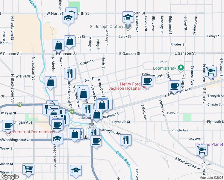 map of restaurants, bars, coffee shops, grocery stores, and more near 801 Detroit Street in Jackson