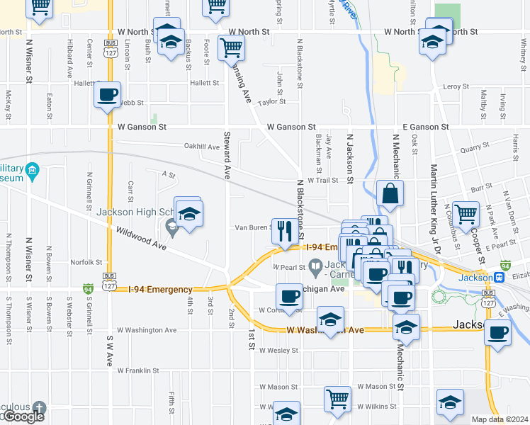 map of restaurants, bars, coffee shops, grocery stores, and more near 308 Van Buren Street in Jackson