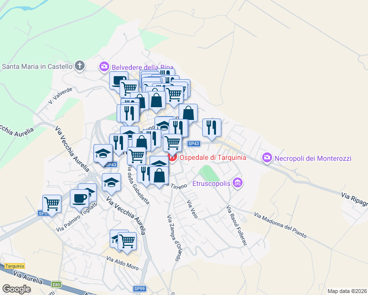 map of restaurants, bars, coffee shops, grocery stores, and more near 6 Via delle Croci in Tarquinia