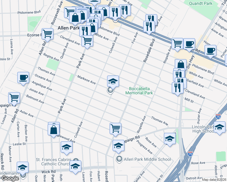 map of restaurants, bars, coffee shops, grocery stores, and more near 7500 Fox Avenue in Allen Park