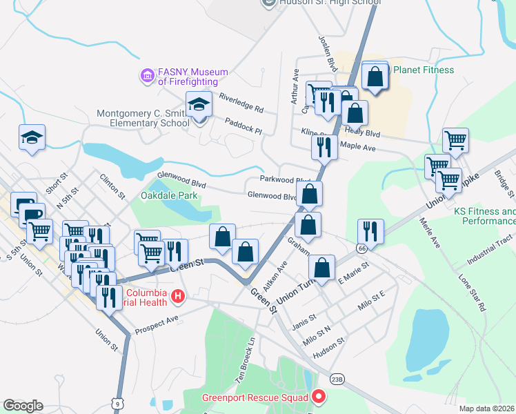 map of restaurants, bars, coffee shops, grocery stores, and more near 31 Spring Street in Hudson