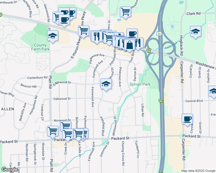 map of restaurants, bars, coffee shops, grocery stores, and more near 3440 Richard Street in Ann Arbor