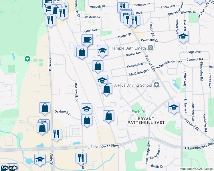 map of restaurants, bars, coffee shops, grocery stores, and more near 2455 South Industrial Highway in Ann Arbor