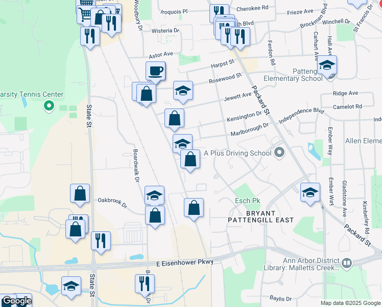 map of restaurants, bars, coffee shops, grocery stores, and more near 2455 South Industrial Highway in Ann Arbor