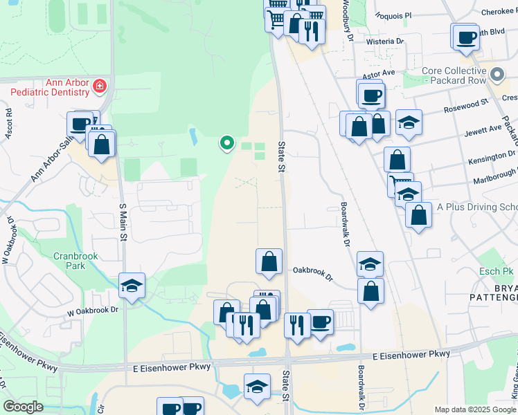 map of restaurants, bars, coffee shops, grocery stores, and more near 2500 South State Street in Ann Arbor