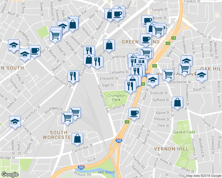 map of restaurants, bars, coffee shops, grocery stores, and more near 23 Endicott St in Worcester
