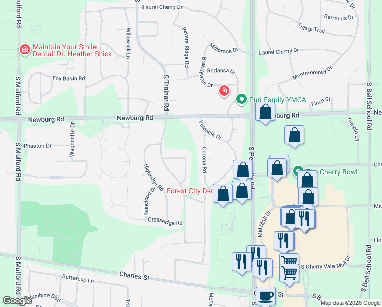 map of restaurants, bars, coffee shops, grocery stores, and more near 1691 Corona Road in Rockford