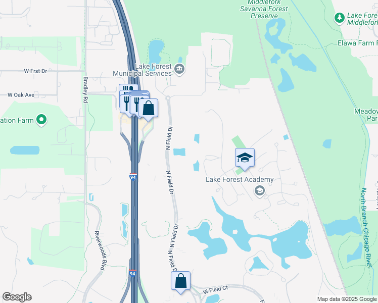 map of restaurants, bars, coffee shops, grocery stores, and more near 675 North Field Drive in Lake Forest