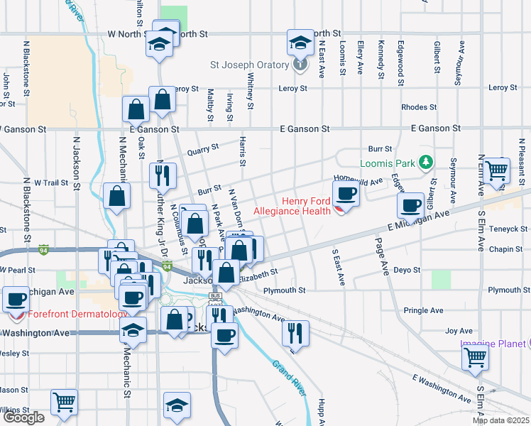 map of restaurants, bars, coffee shops, grocery stores, and more near 801 Detroit Street in Jackson