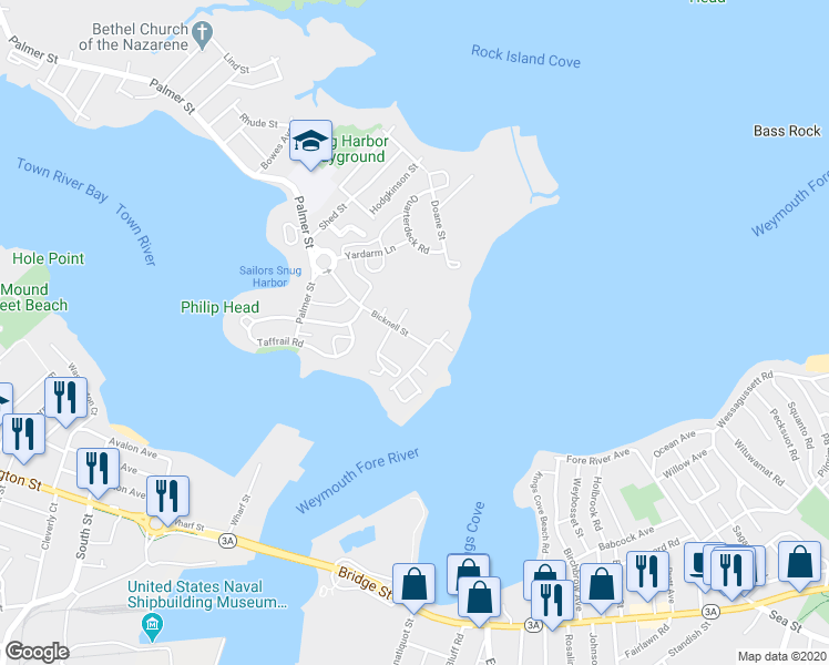 map of restaurants, bars, coffee shops, grocery stores, and more near 86 Bicknell Street in Quincy