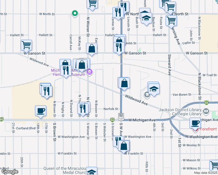 map of restaurants, bars, coffee shops, grocery stores, and more near 908 Wildwood Avenue in Jackson