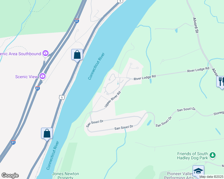 map of restaurants, bars, coffee shops, grocery stores, and more near 173 Riverboat Village Road in South Hadley