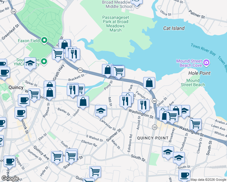 map of restaurants, bars, coffee shops, grocery stores, and more near 43 Mill Street in Quincy