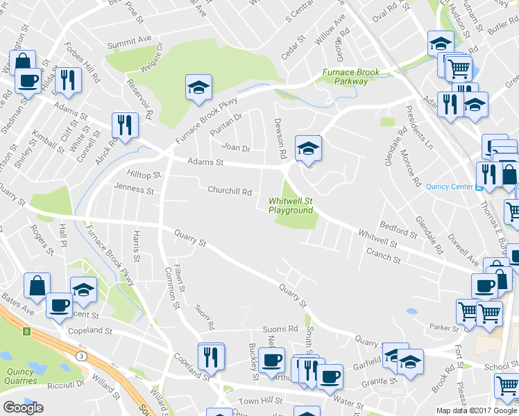 map of restaurants, bars, coffee shops, grocery stores, and more near 50 Mount Ararat Road in Quincy
