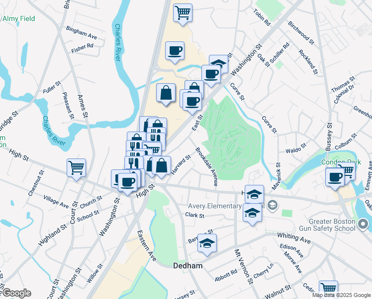 map of restaurants, bars, coffee shops, grocery stores, and more near 54 Harvard Street in Dedham