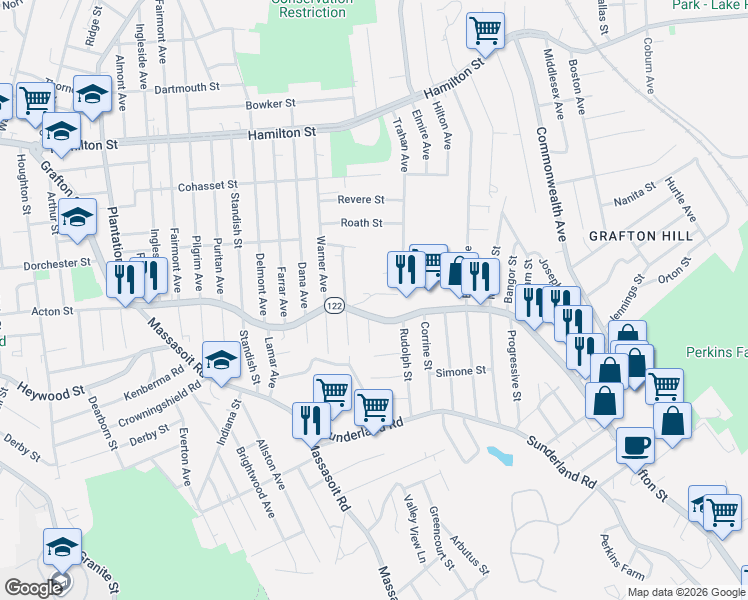 map of restaurants, bars, coffee shops, grocery stores, and more near 661 Grafton Street in Worcester