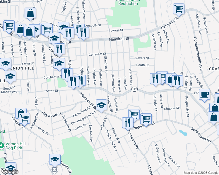 map of restaurants, bars, coffee shops, grocery stores, and more near 560 Massachusetts 122 in Worcester