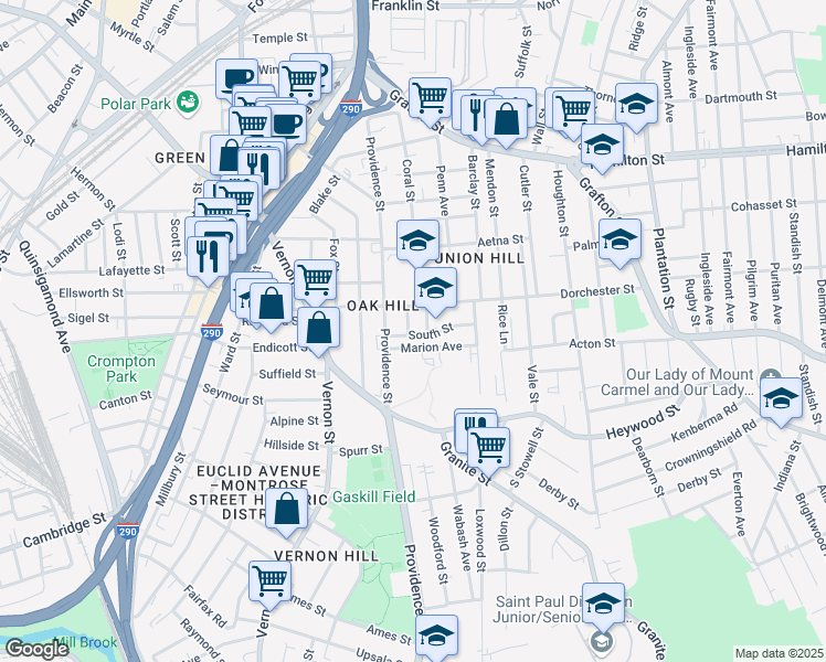 map of restaurants, bars, coffee shops, grocery stores, and more near 19 Marion Avenue in Worcester