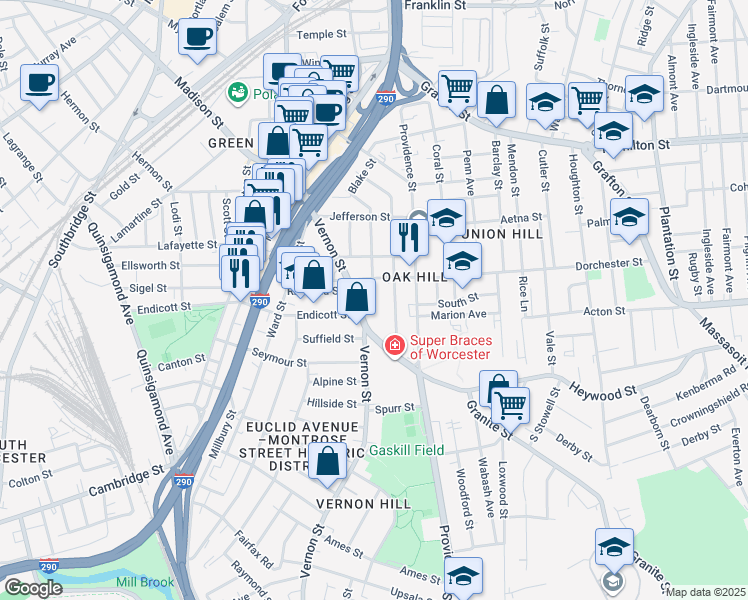map of restaurants, bars, coffee shops, grocery stores, and more near 67 Vernon Street in Worcester