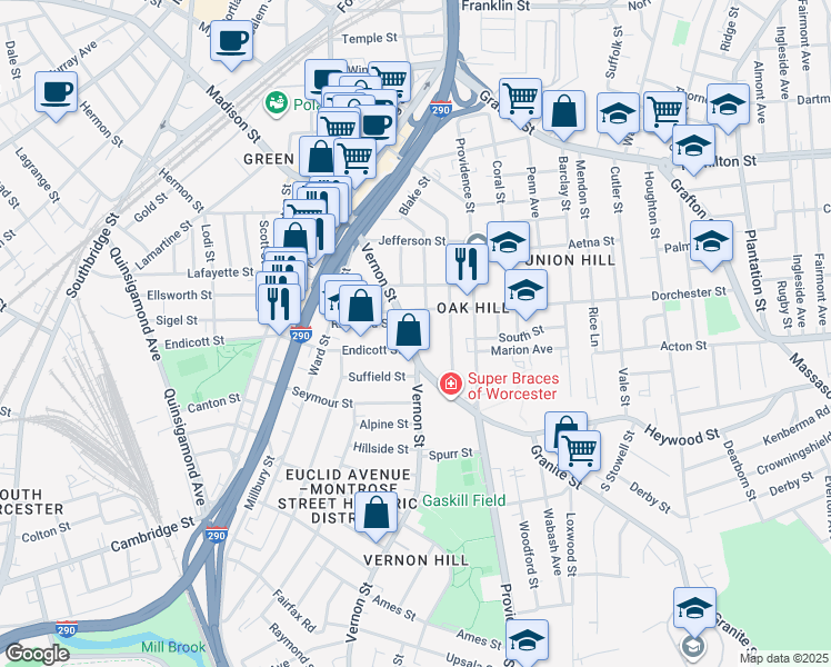 map of restaurants, bars, coffee shops, grocery stores, and more near 67 Vernon Street in Worcester