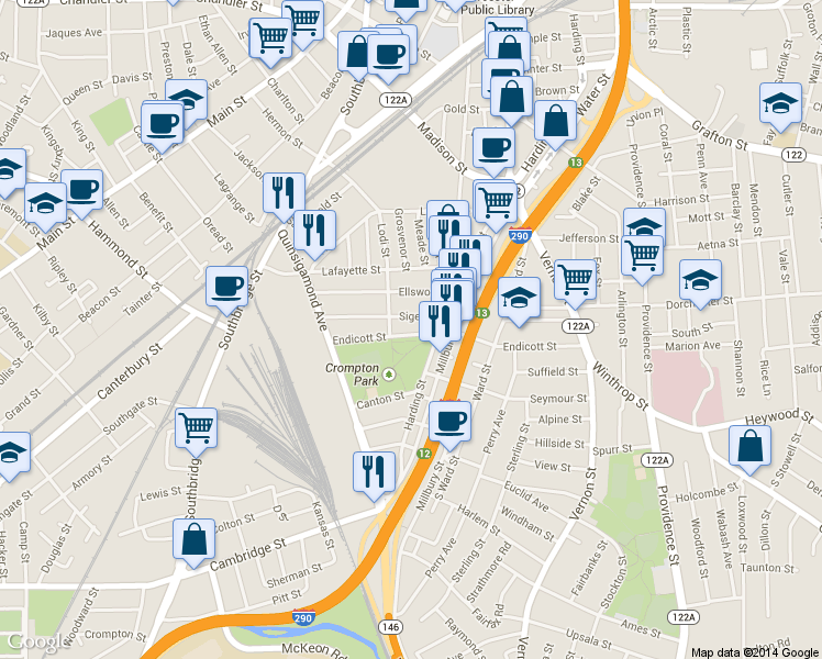 map of restaurants, bars, coffee shops, grocery stores, and more near 45 Endicott Street in Worcester