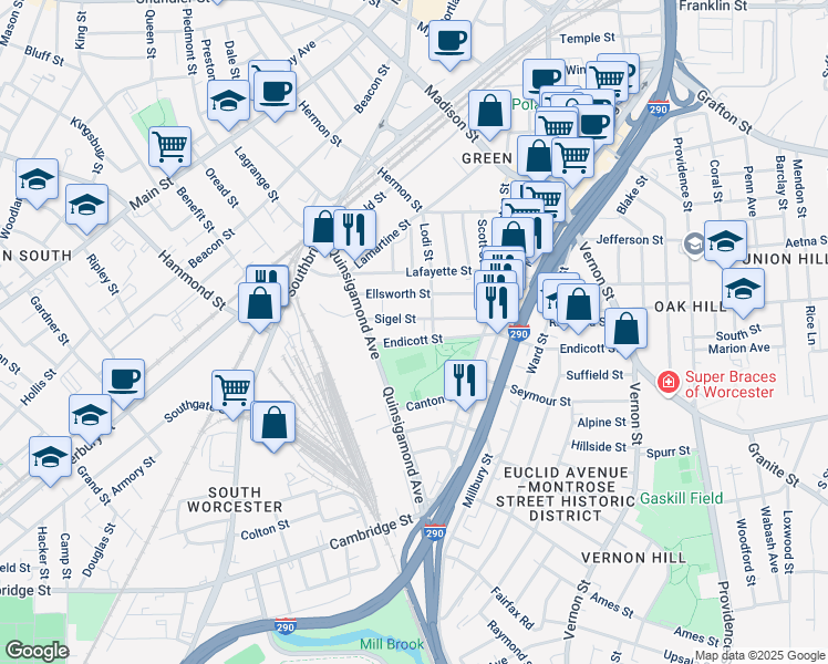 map of restaurants, bars, coffee shops, grocery stores, and more near 23 Endicott Street in Worcester