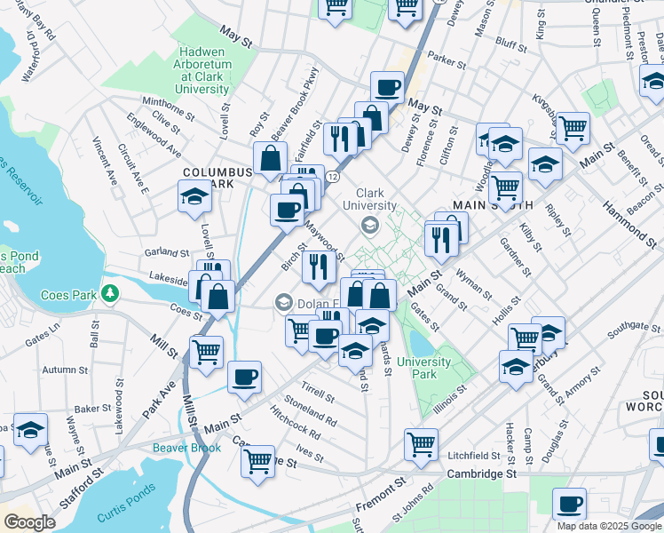 map of restaurants, bars, coffee shops, grocery stores, and more near 75 Florence Street in Worcester