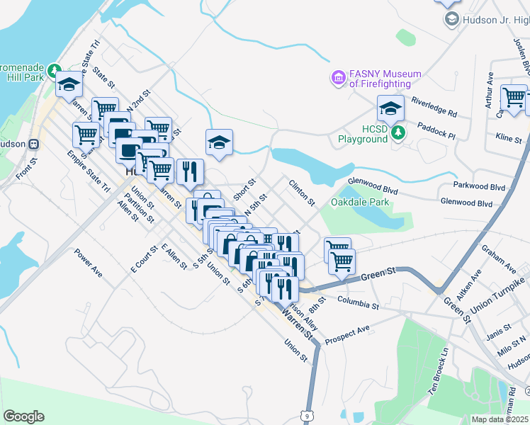 map of restaurants, bars, coffee shops, grocery stores, and more near 64 Dodge Street in Hudson