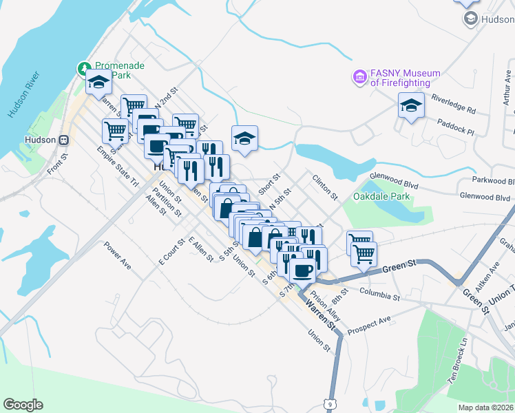 map of restaurants, bars, coffee shops, grocery stores, and more near 44 South 5th Street in Hudson