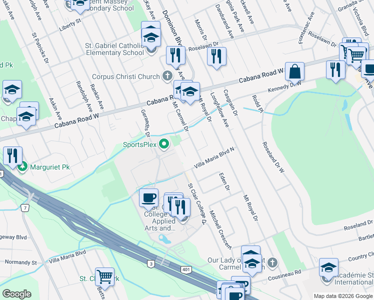 map of restaurants, bars, coffee shops, grocery stores, and more near 3999 Mount Carmel Drive in Windsor