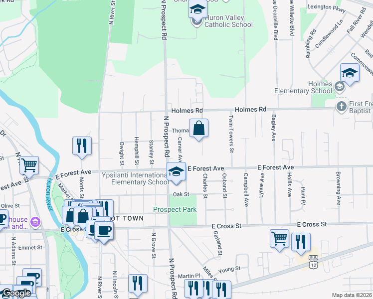 map of restaurants, bars, coffee shops, grocery stores, and more near 706 Carver Avenue in Ypsilanti