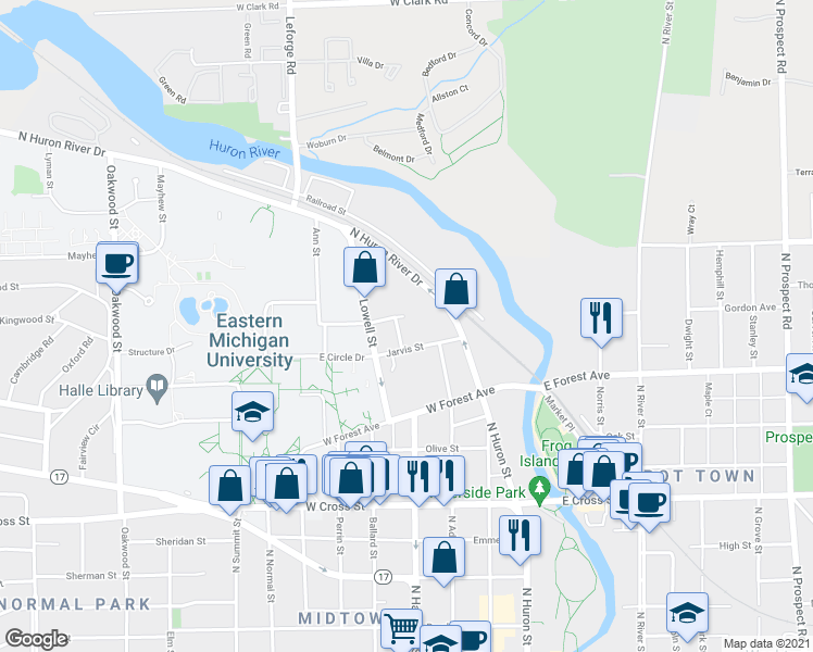 map of restaurants, bars, coffee shops, grocery stores, and more near 306 Jarvis Street in Ypsilanti