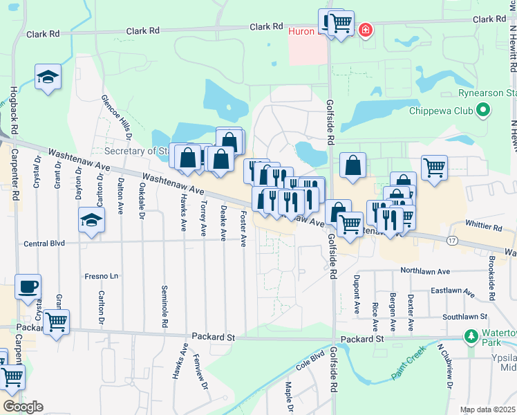 map of restaurants, bars, coffee shops, grocery stores, and more near 4860 Washtenaw Avenue in Ann Arbor