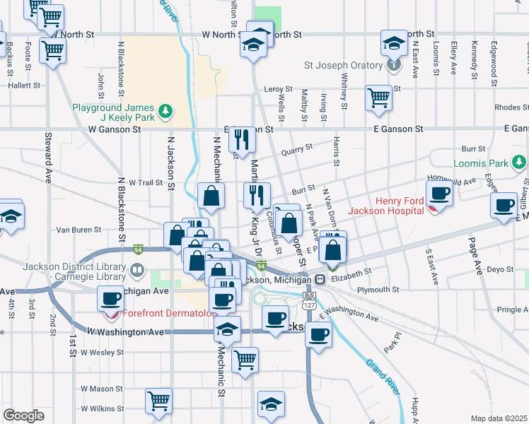 map of restaurants, bars, coffee shops, grocery stores, and more near 300 Homewild Avenue in Jackson