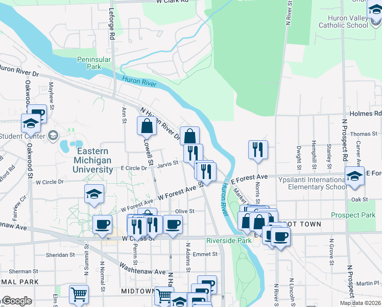 map of restaurants, bars, coffee shops, grocery stores, and more near 809 North Huron Street in Ypsilanti