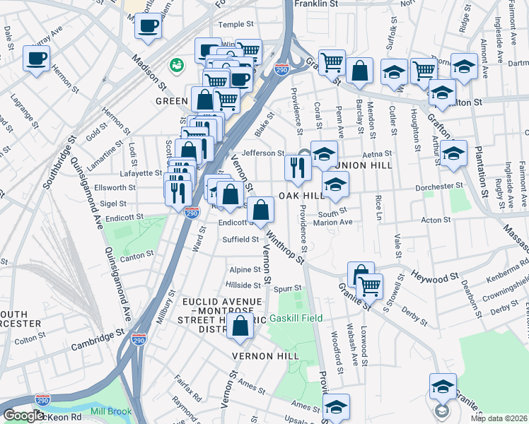 map of restaurants, bars, coffee shops, grocery stores, and more near 67 Vernon Street in Worcester