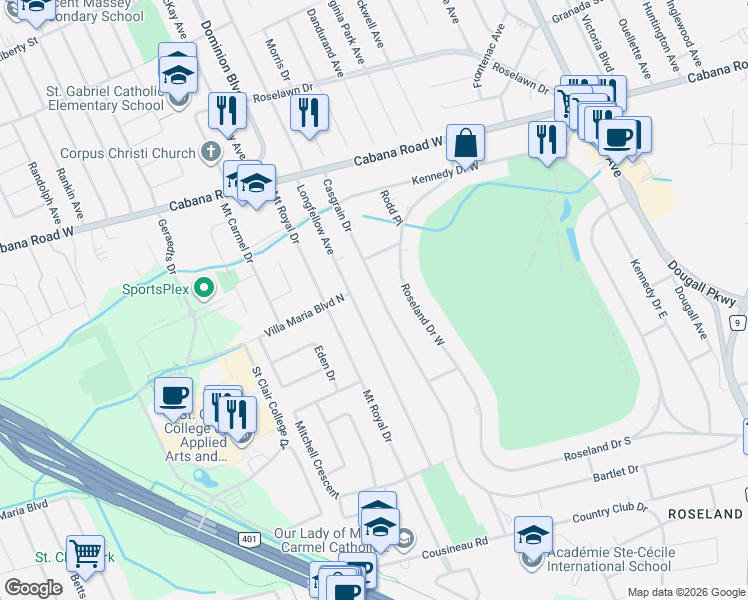 map of restaurants, bars, coffee shops, grocery stores, and more near 4019 Casgrain Drive in Windsor