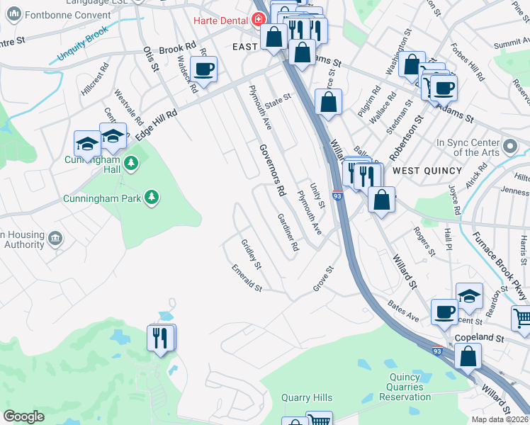 map of restaurants, bars, coffee shops, grocery stores, and more near 42 Shawmut Street in Quincy