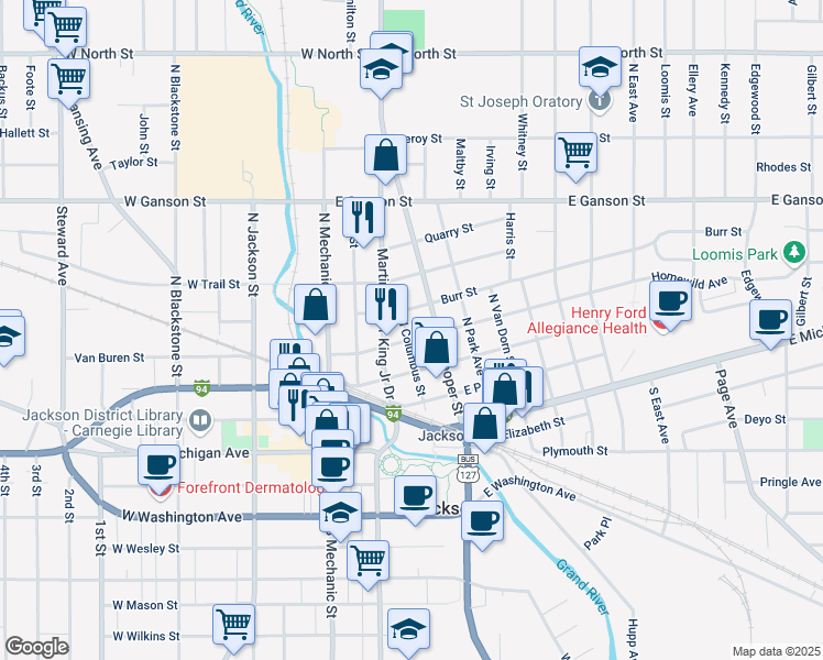 map of restaurants, bars, coffee shops, grocery stores, and more near 407 Homewild Avenue in Jackson