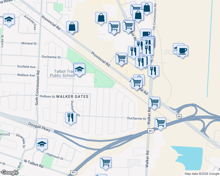 map of restaurants, bars, coffee shops, grocery stores, and more near Sassafras Avenue in Windsor